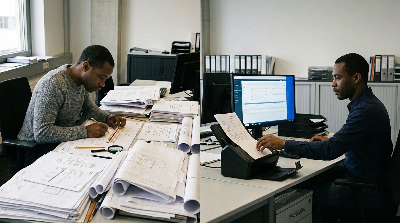 Dois profissionais de engenharia num escritório: um revisa desenhos técnicos impressos sobre a mesa, outro digitaliza um documento no scanner.